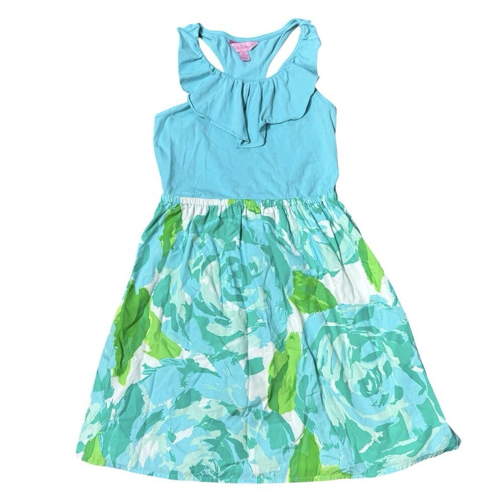 Lilly Pulitzer Little Lorraine Floral Dress Girls XL 12-14 Green Blue Rose Beach